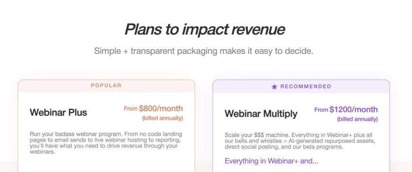 Page des tarifs du site web de Hubilo