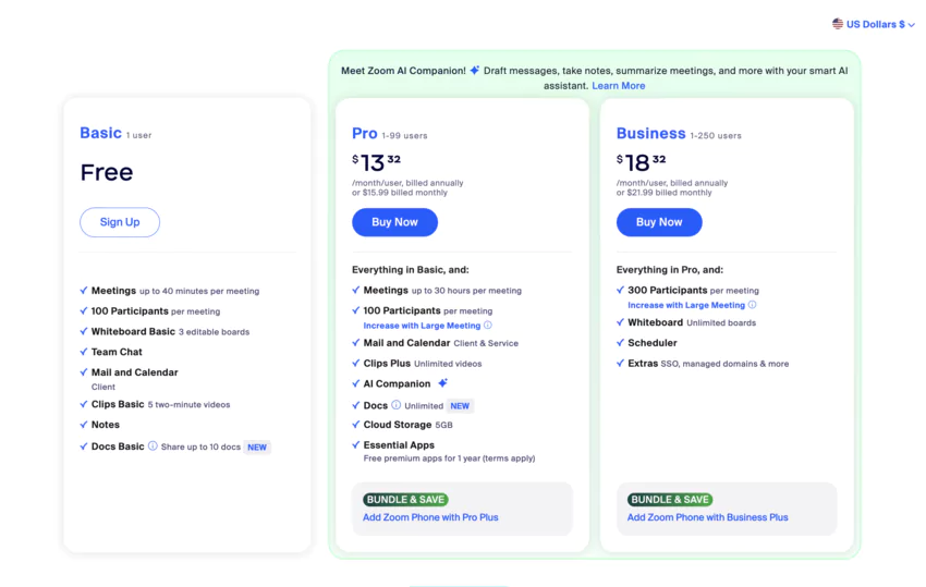 Page des tarifs du site web de  Zoom