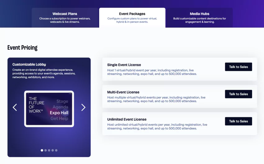 Page des tarifs du site web de BigMarker