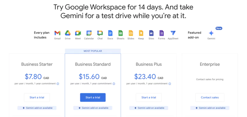 Page des tarifs du site web de Google Meet