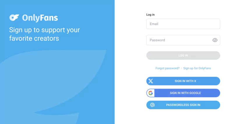 Screenshot of the sign-up page on the OnlyFans website