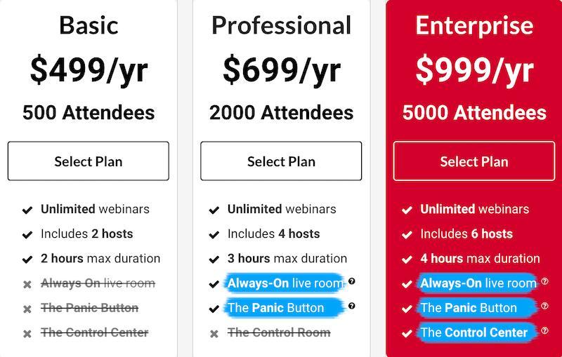 WebinarJam pricing plans 