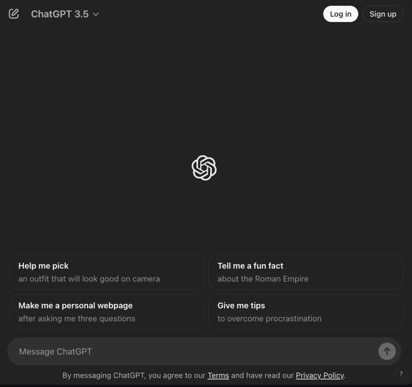 page d'accueil de chatgpt