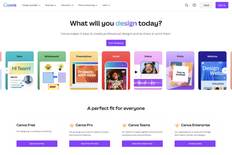 Canva design software homepage