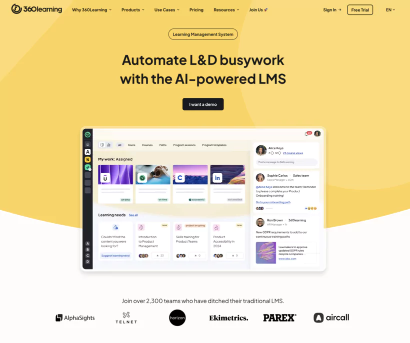 page d'accueil du site web de 360learning