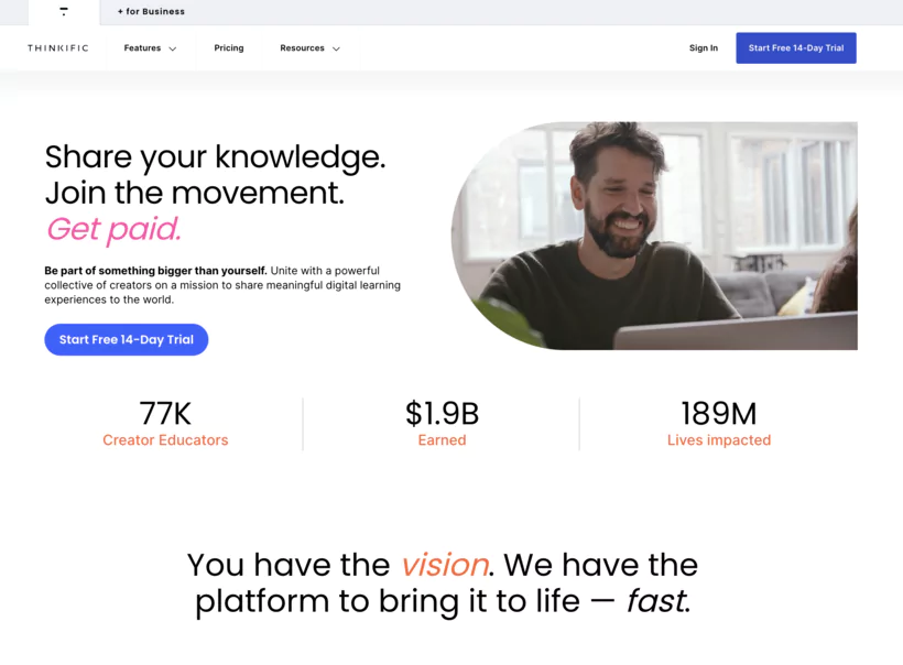 page d'accueil du site web de thinkific