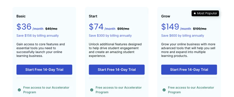 page des tarifs de thinkific