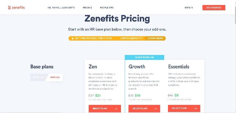 tarifs du logiciel sirh Zenefits