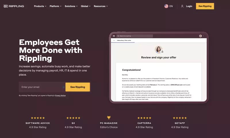 Rippling : Meilleur pour la gestion automatisée des employés