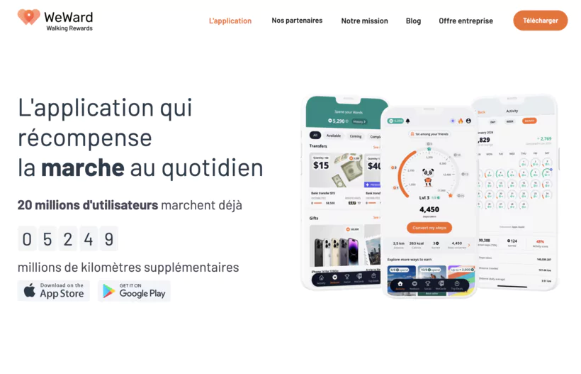 Interface de Weward affichant le nombre de pas effectués et les Wards gagnés.