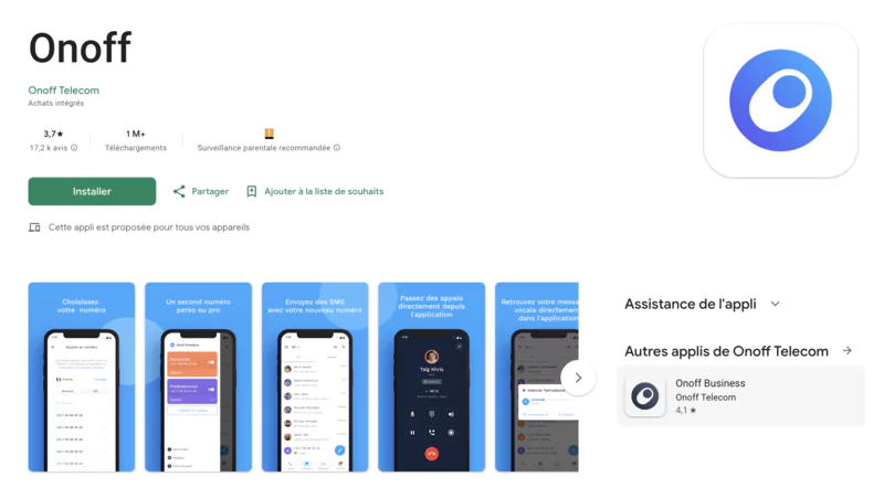 Screenshot showing the interface of the Onoff application on Play Store for Android smartphones