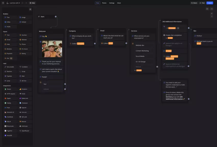 blocks on the typebot web interface