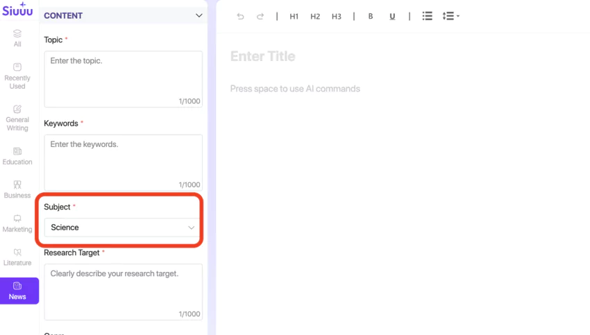 copie d'écran du choix de l'écriture de docupments de recherche de sinuuu AI