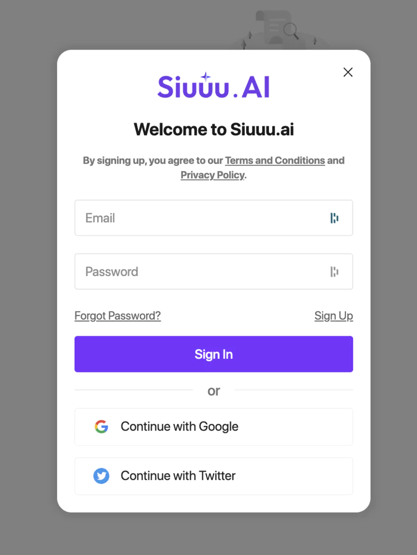 copie d'écran du formulaire d'inscription de Sinuu AI