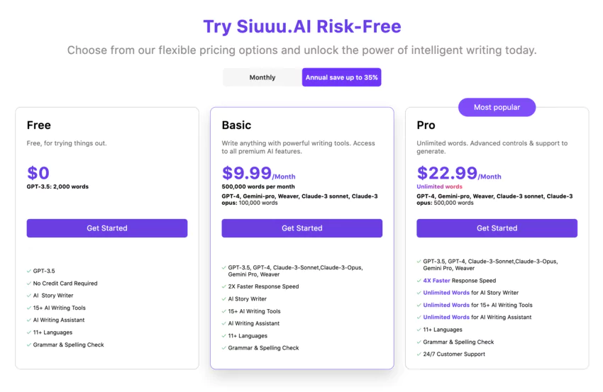Copie d'écran des tarifs de sinuuu AI
