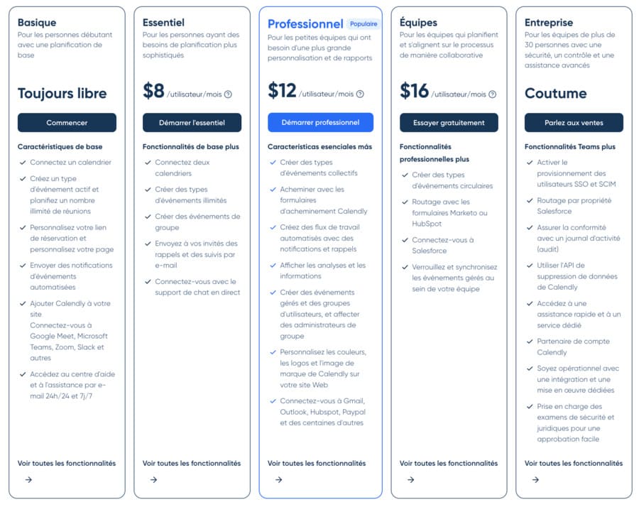 site web des tarifs calendly