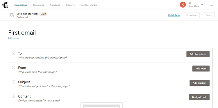 Mailchimp email template for first email with blank fields for to, from, subject, and body copy.