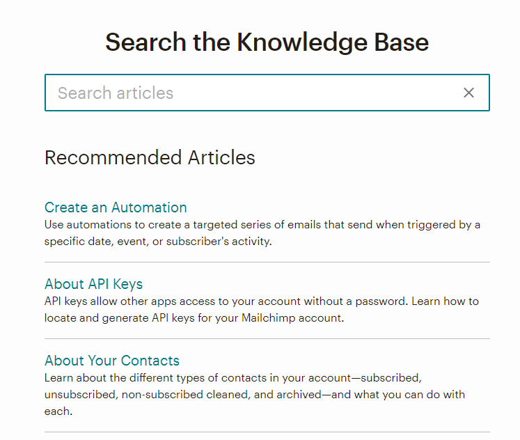 Mailchimp knowledge base with recommended articles for using the software.