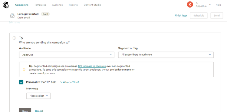 Mailchimp in-app tip popping up under user selecting a segmented audience for their email.
