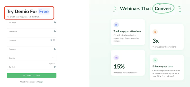Free trial : 14 days without commitment from demio