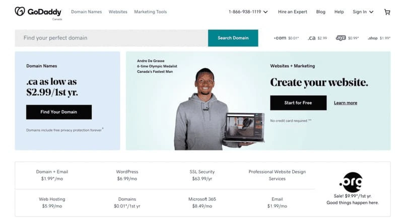 page d'accueil de GoDaddy