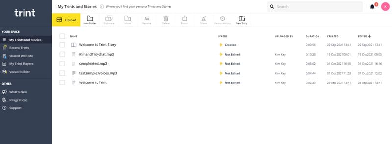 Trint's web dashboard interface
