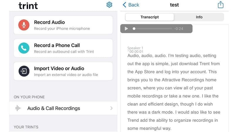 Avis Trint - saisie du texte des sous-titres avec un iPhone sous iOs