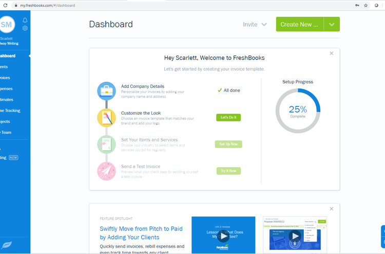 FreshBooks dashboard showing setup progress and next steps