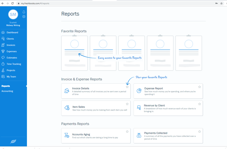 FreshBooks reports page to convert a project into a specific report type