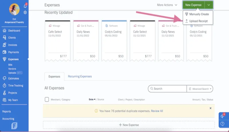The Digital Scanner page in FreshBooks showing several saved receipts on the page.