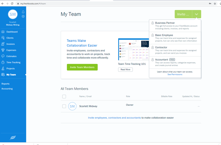 FreshBooks My Team page displaying members of a sample project