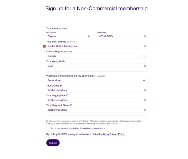 Inscription par e-mail sur stability.ai