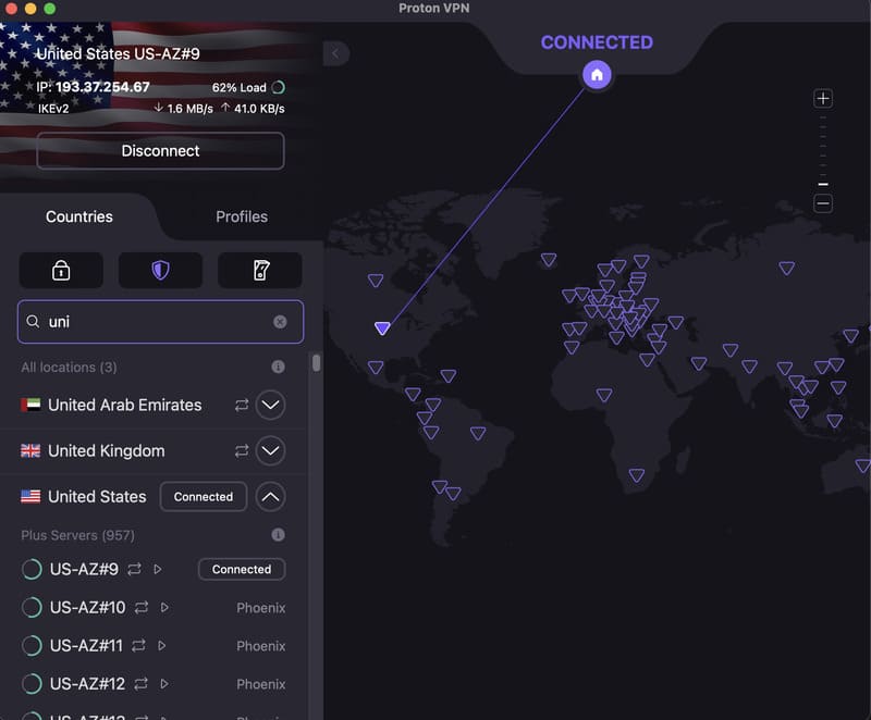 interface de protonVPN connecté aux USA