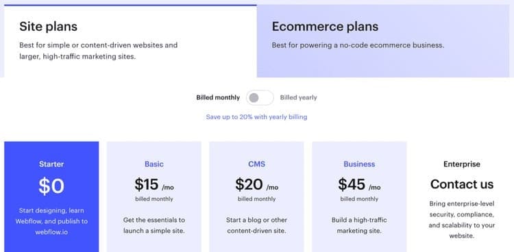 page accueil Webflow site plans