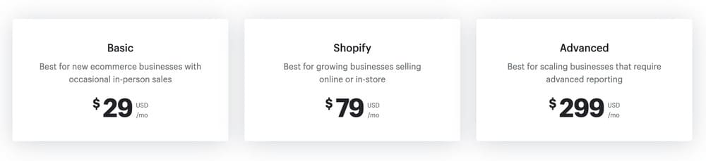 page des tarifs de Shopify