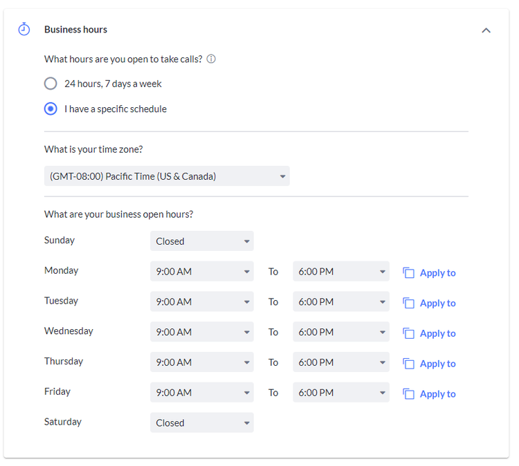 Business hours and time zones on RingCentral’s dashboard.