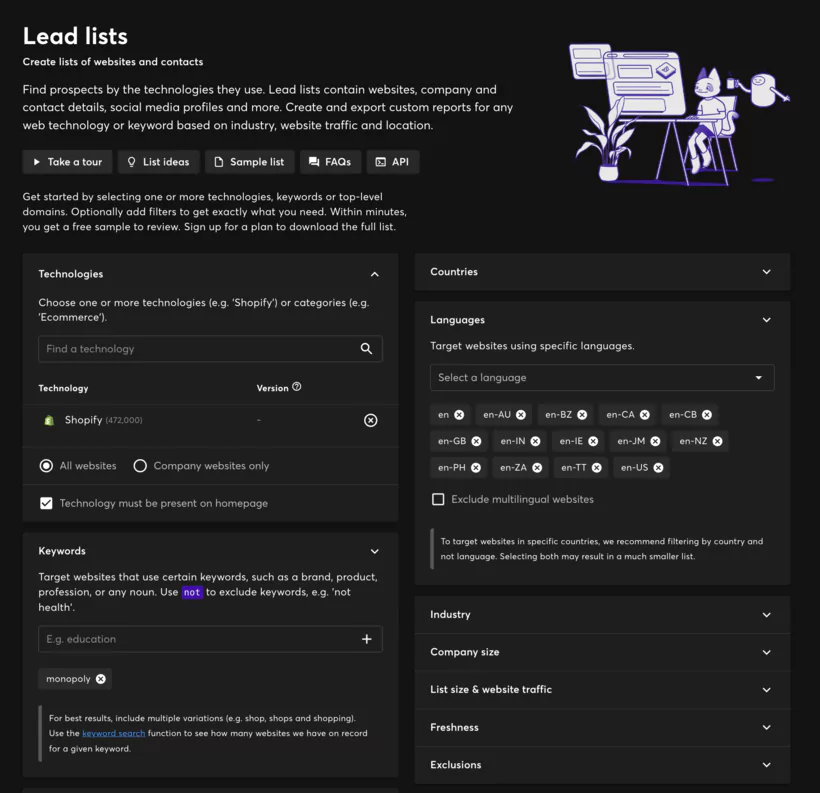 Module pour la création de Listes de prospects avec Wappalyzer