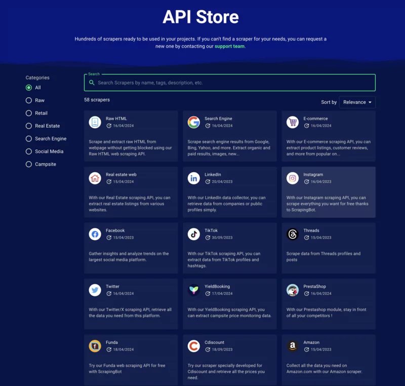 API store de scraping bot