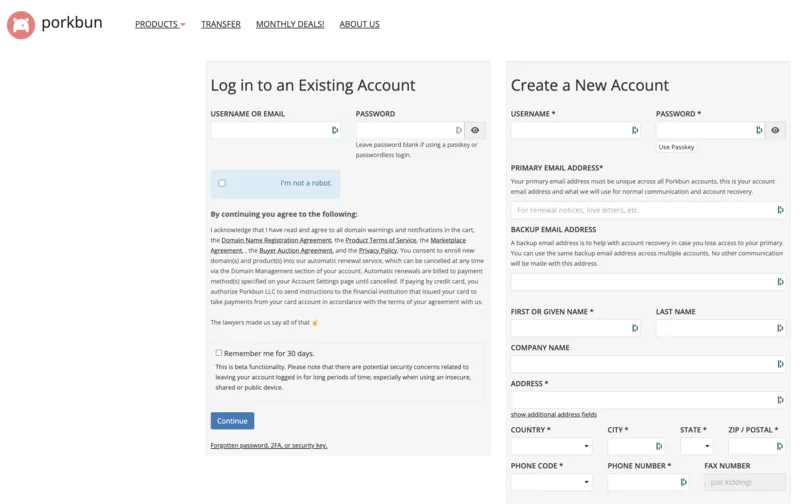 ouverture d'un compte chez Porkbun