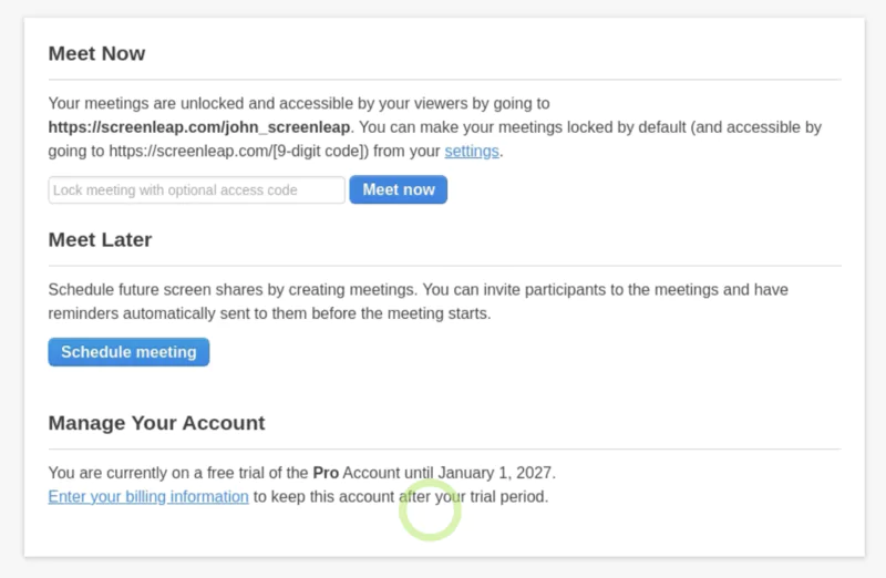 page du site web de screenleap