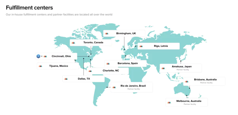 Carte des centres de production Printful