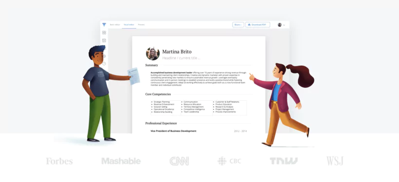 Capture d'écran de l'interface VisualCV montrant un modèle de CV en cours d'édition