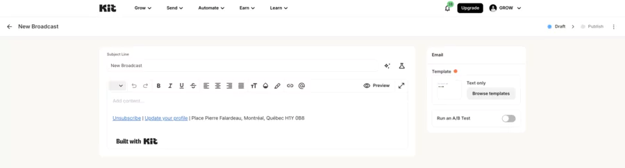 création de nouveaux broadcasts sur convertkit