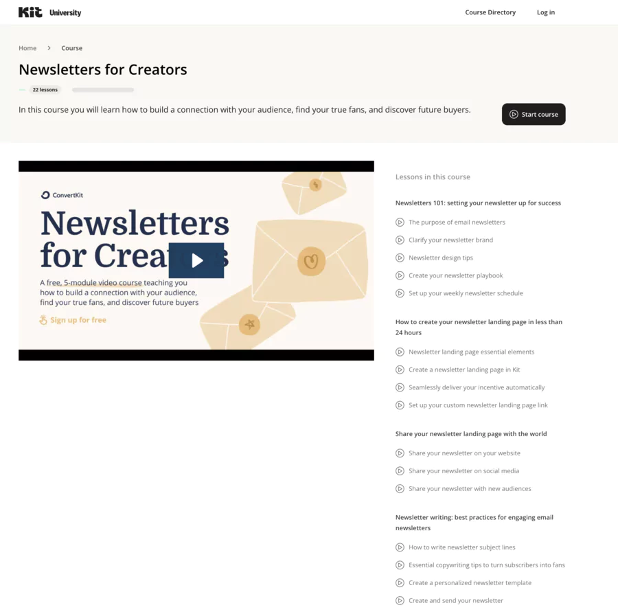 page web d'un cours sur Kit University