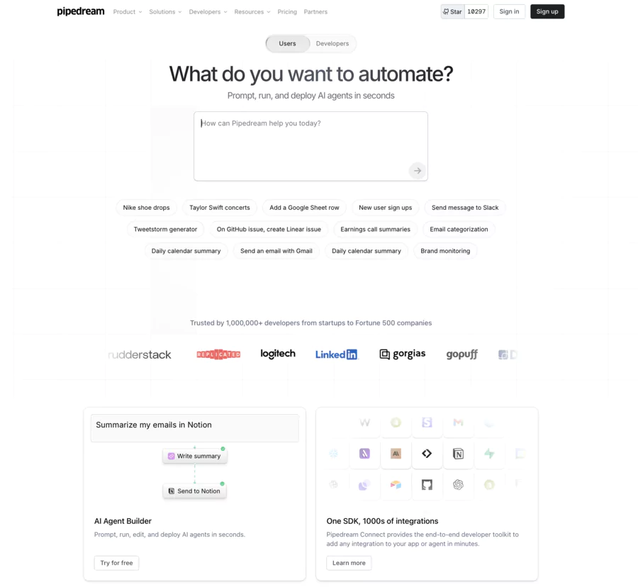 page d'accueil de pipedream pour s'inscrire