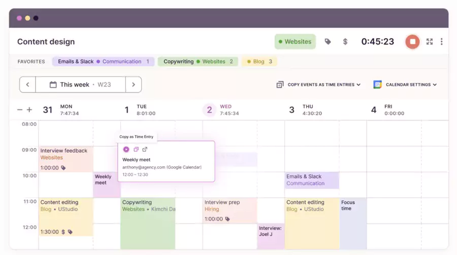 Interface du calendrier et applications - Toggl Track