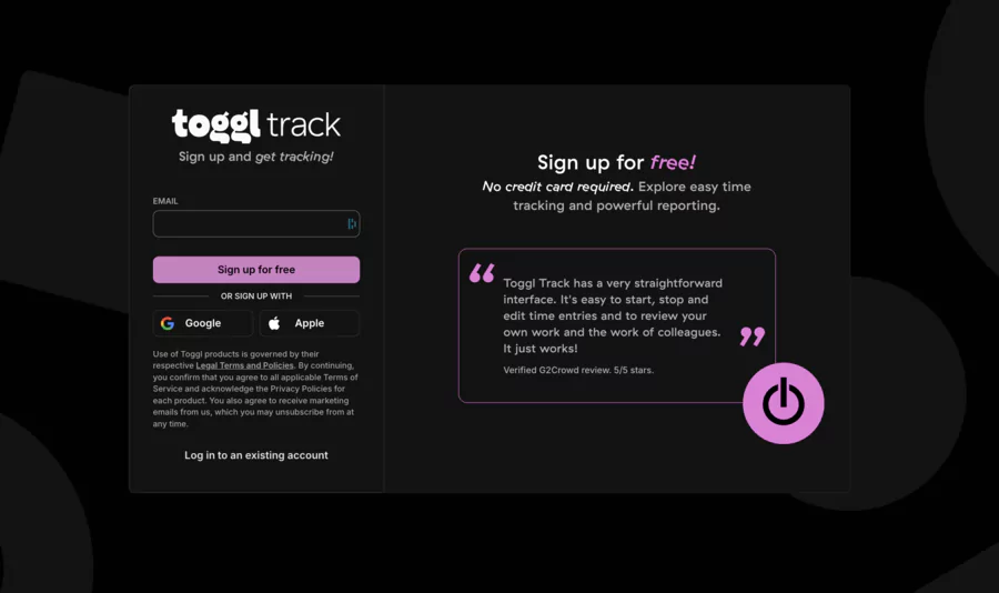Avis et inscription par e-mail ou SSO au logiciel de suivi du temps Toggl Track