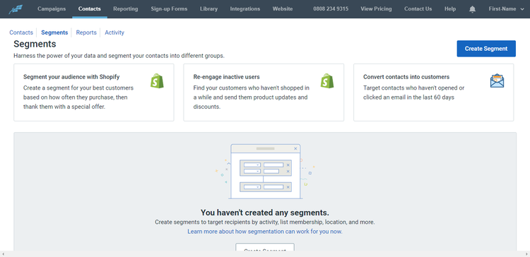 Constant Contact saved segmentations dashboard