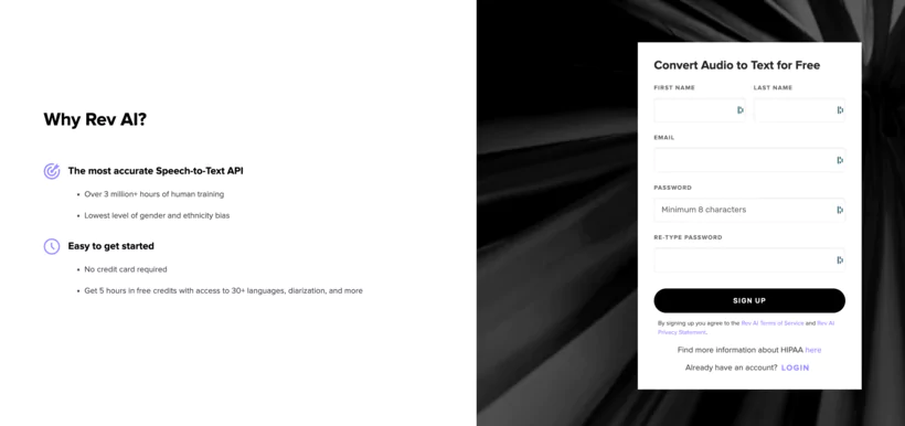 page d'inscription de Rev.com