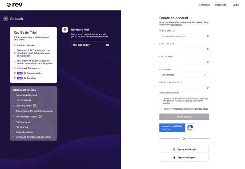 page d'inscription de Rev.com